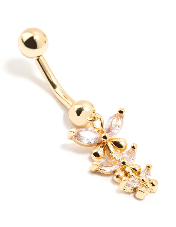 Gold Plated Surgical Steel Cubic Zirconia Trio Butterfly Drop Threadless Belly Bar