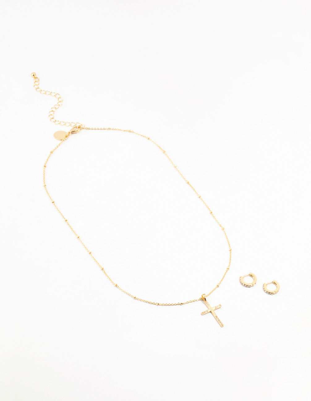 Gold Plated Diamante Edge Cross Necklace & Huggie Earrings Set