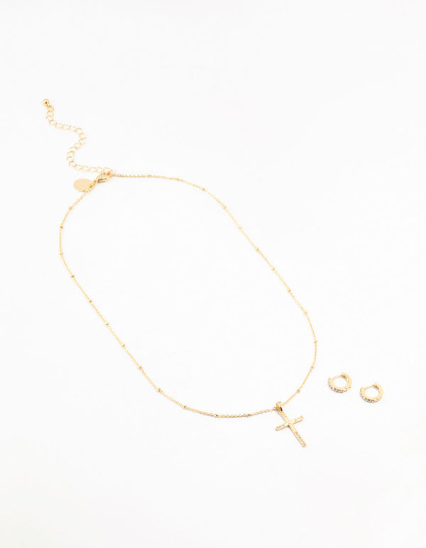 Gold Plated Diamante Edge Cross Necklace & Huggie Earrings Set