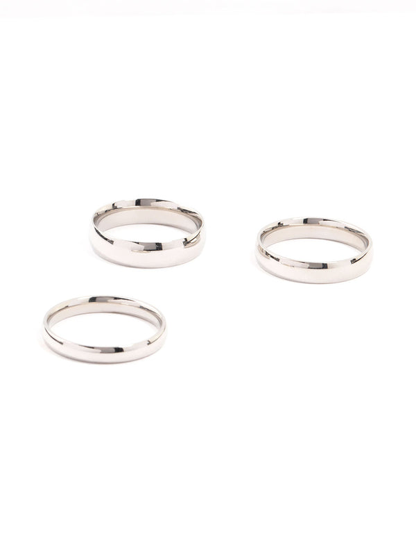 Showcasing waterproof stainless steel plain band rings in silver, 3-pack front view