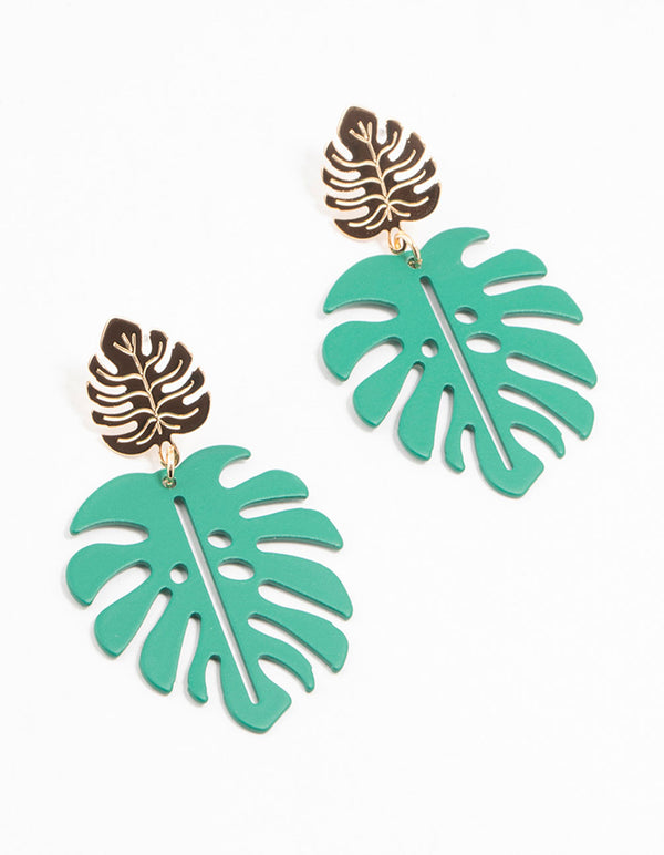 Gold & Green Coated Metal Monstera Leaf Drop Earrings