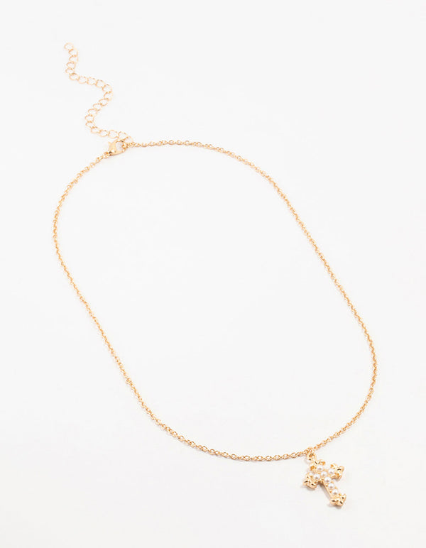 Gold Pearl Cross Necklace