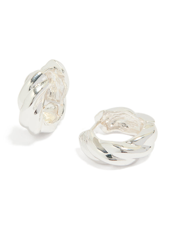 Showcasing silver plated twisted hoop earrings with statement styling front view