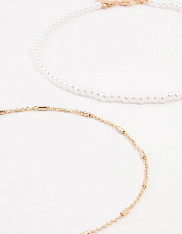 Gold Pearl Tab Chain Chokers 3-Pack