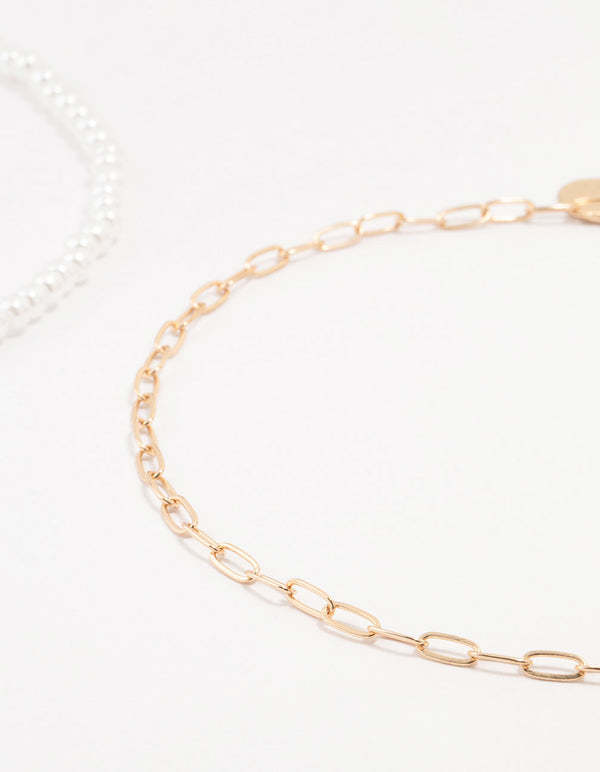 Gold Pearl Tab Chain Chokers 3-Pack