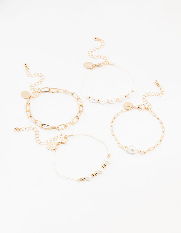 Gold Pearl & Cobblestone Link Bracelets 4-Pack