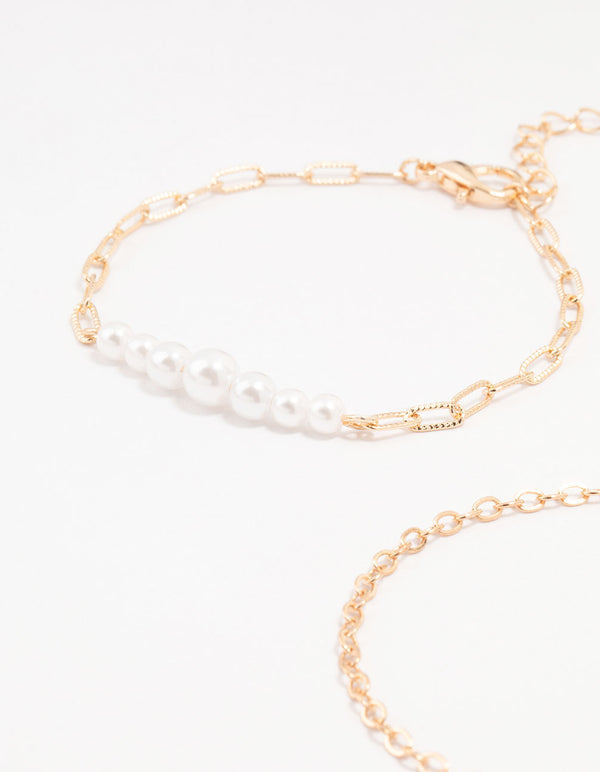 Gold Pearl Paperclip Chain Bracelet 4-Pack