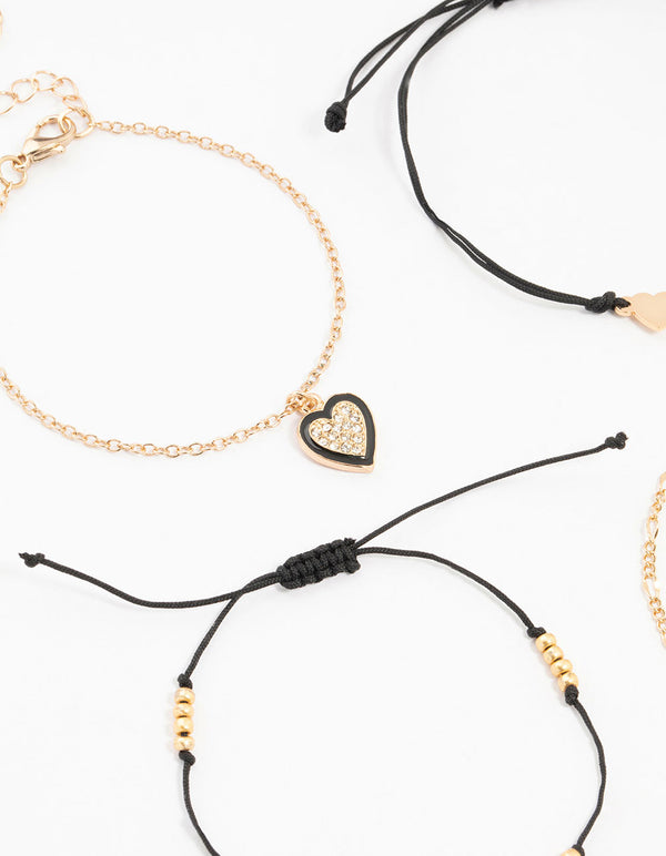 Gold Figaro, Rope & Heart Bracekets 4-Pack