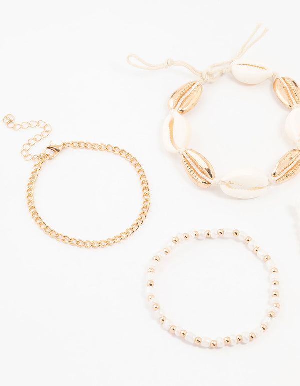 Gold Beaded & Large Shell Bracelets 4-Pack