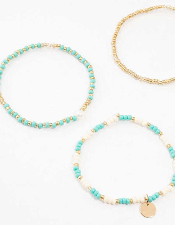 Gold Pearl, Beaded & Disc Bracelets 4-Pack