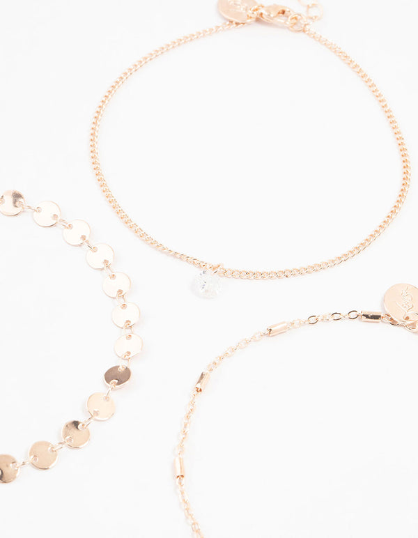 Rose Gold Disc Chain Diamante Anklets 3-Pack