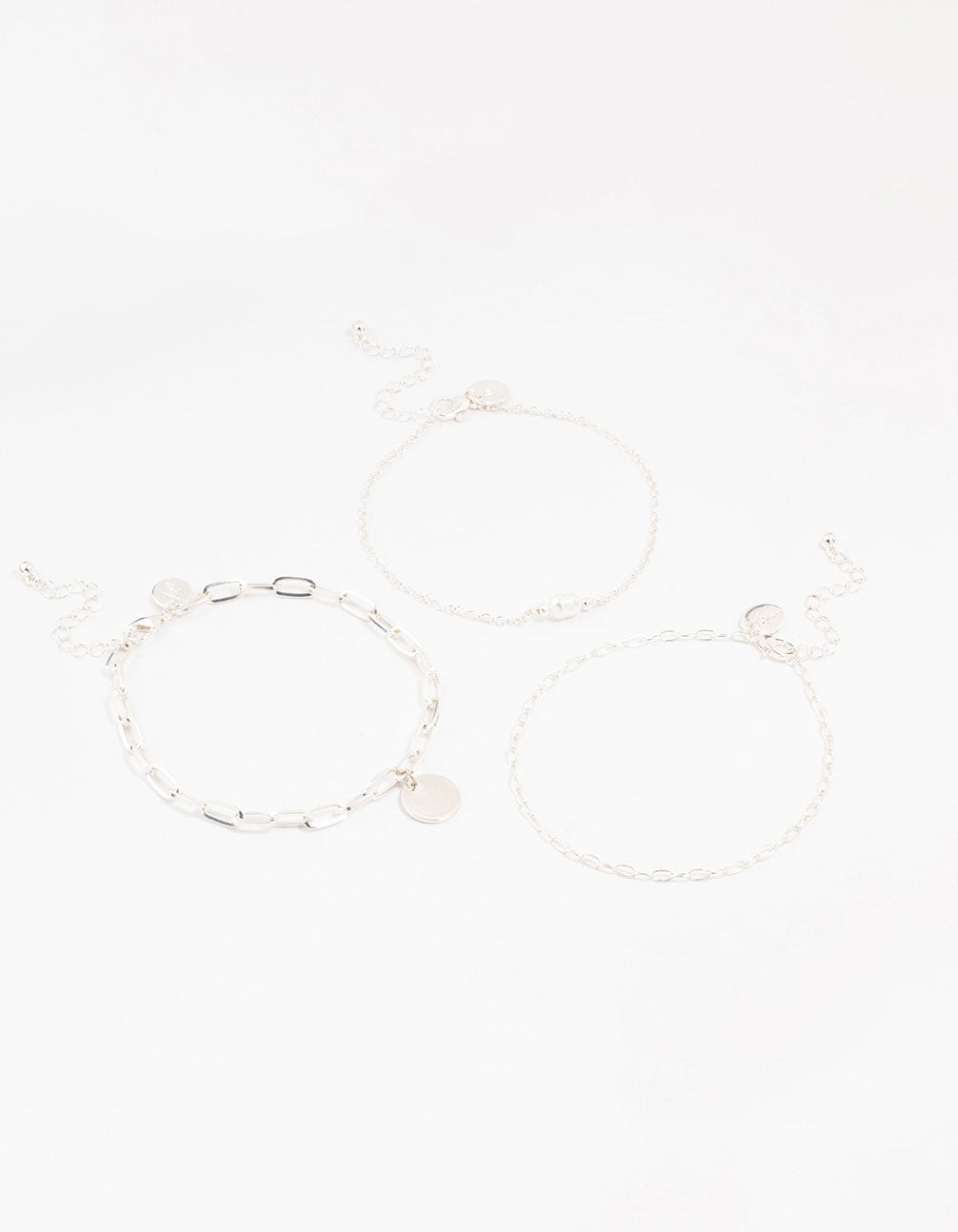 Silver Pearl Disc Drop Anklets 3-Pack