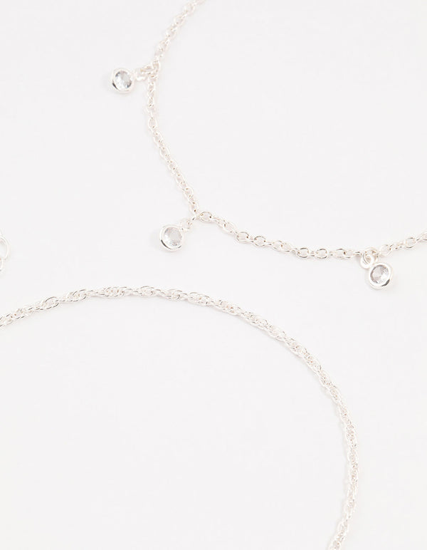Silver Ball Chain Diamante Drop Anklets 3-Pack