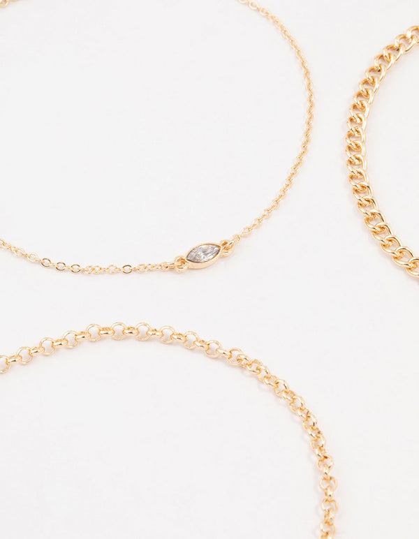 Gold Baguette Drop Anklets 3-Pack