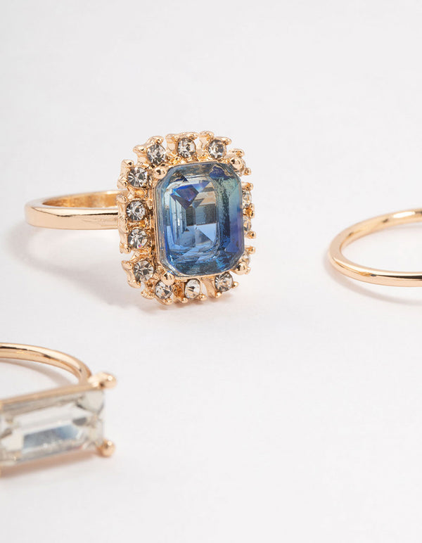 Rose Gold Framed Blue & Silver Diamante Rings 3-Pack