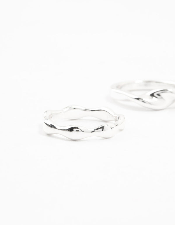 Showcasing silver plated irregular stacking rings 3-pack close up view
