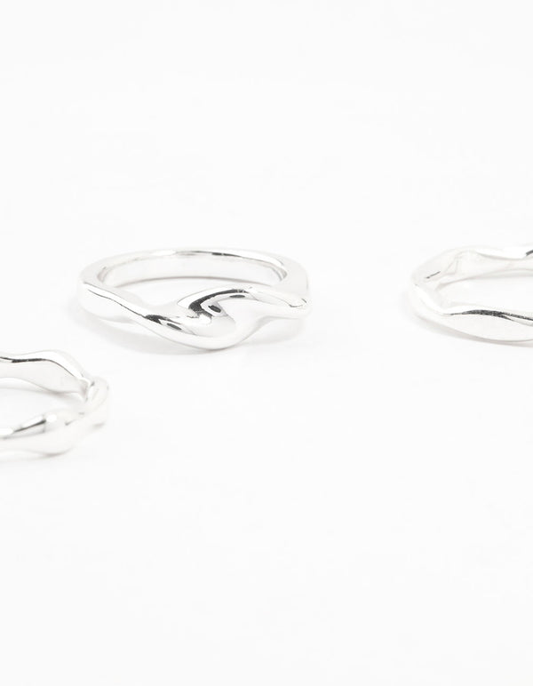 Designed with silver plated material, these irregular stacking rings 3-pack side detail view