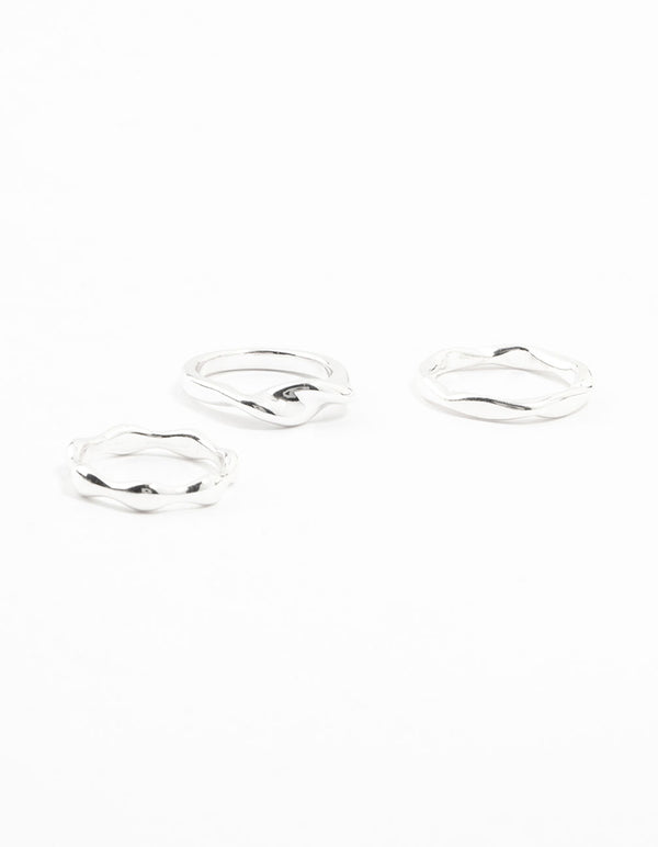 Crafted from silver plated material, this irregular stacking rings 3-pack front view
