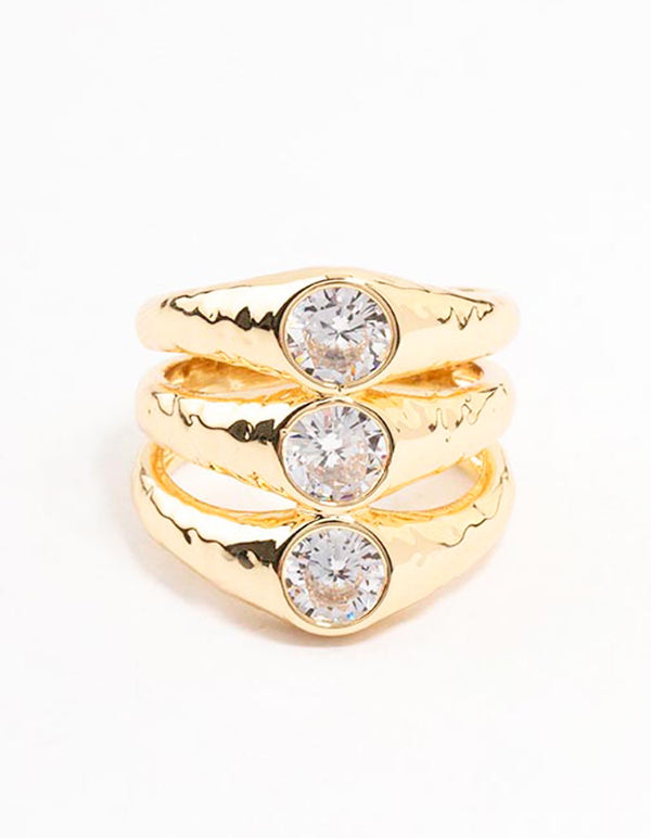 Gold Plated Textured 3 Row Cubic Zirconia Ring