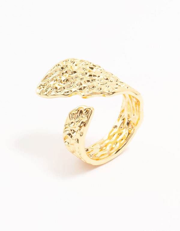 Featuring a gold plated textured metal wrap ring front view