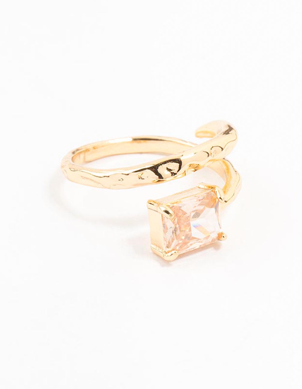 Showcasing a gold plated rectangular fine wrapped ring featuring pink color crystal and statement styling front view