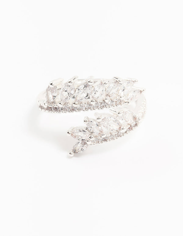 Elegantly designed silver plated wrapped vine cubic zirconia ring close up view