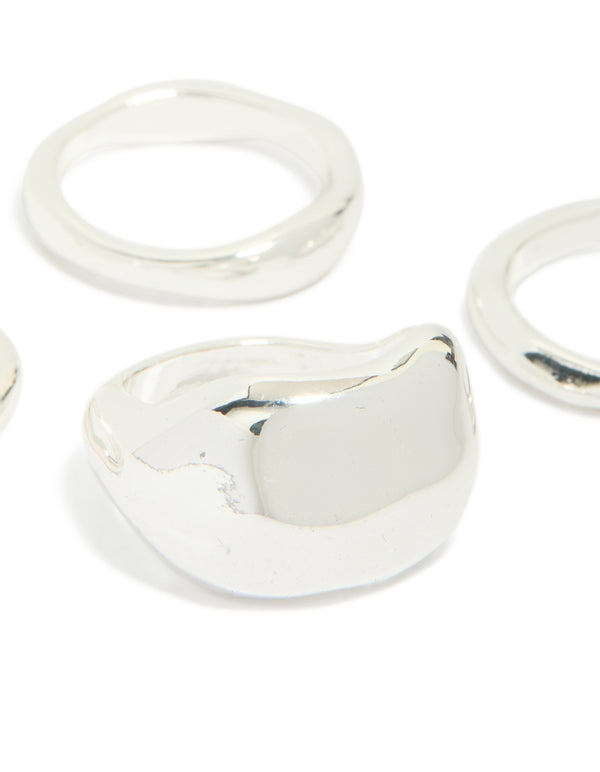 Silver Plated Bold Molten Rings 4-Pack
