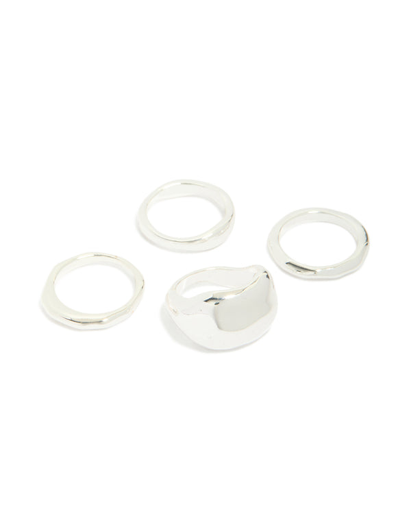 Silver Plated Bold Molten Rings 4-Pack