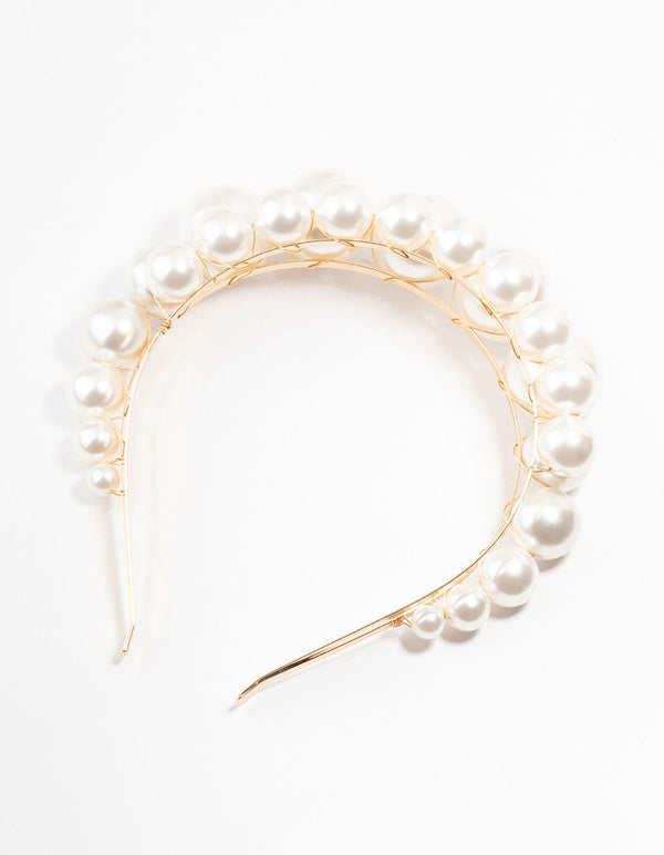 Large 2 Row Pearl Gold Headband