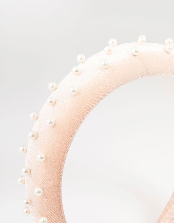 White Fabric Puffy Pearl Velvet Headband