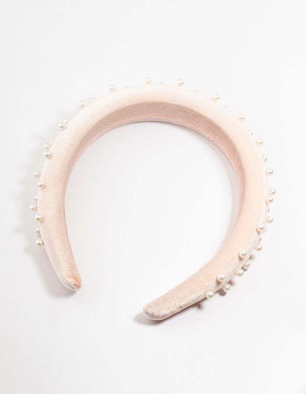 White Fabric Puffy Pearl Velvet Headband