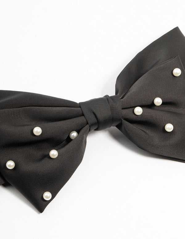 Black Fabric Pearl Bow Clip