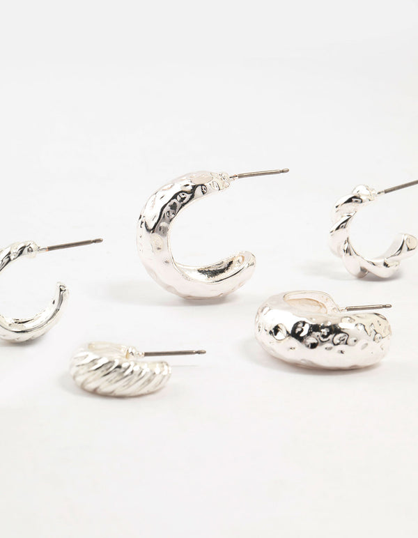 Silver Plated Molten Multiple Hoop Earrings 4-Pack