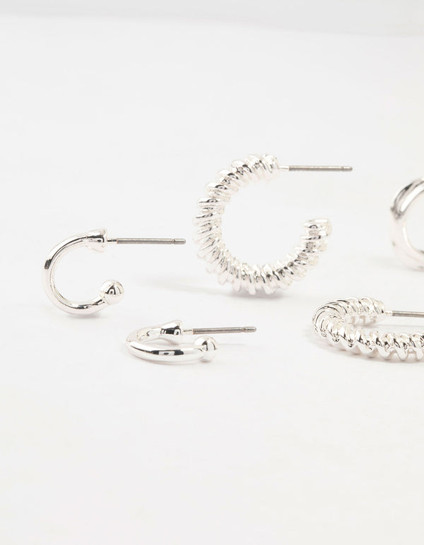 Silver Plated Textured Chunky Hoop Earrings 4-Pack