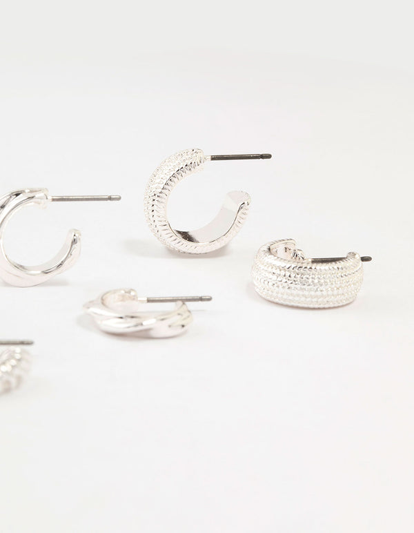 Silver Plated Textured Chunky Hoop Earrings 4-Pack