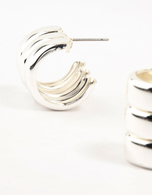 Silver Plated Wide Ribbed Barrel Stud Earrings