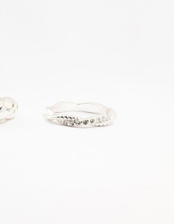Silver Plated Diamante Twisted Rings 3-Pack