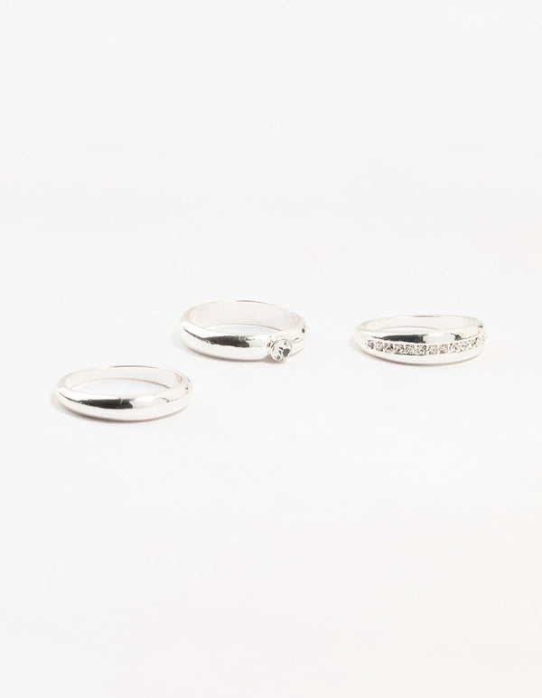 Silver Plated Cubic Zirconia & Chunky Rings 3-Pack