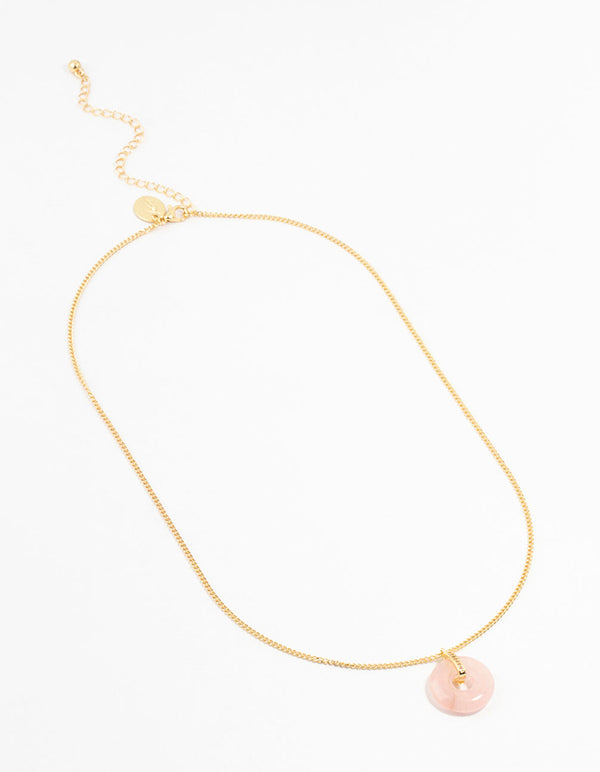 Gold Plated Cubic Zirconia Semi Precious Rose Quartz Donut Necklace