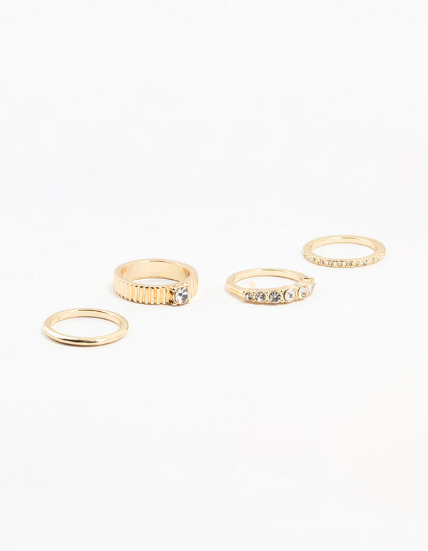 Gold Plated Ribbed & Diamante Rings 4-Pack