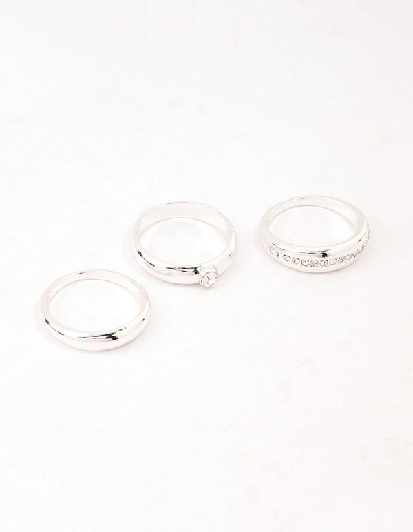 Silver Plated Cubic Zirconia & Chunky Rings 3-Pack