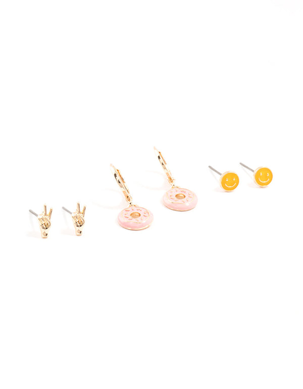 Gold Small Doughnut & Peace Sign Stud Earrings 3-Pack
