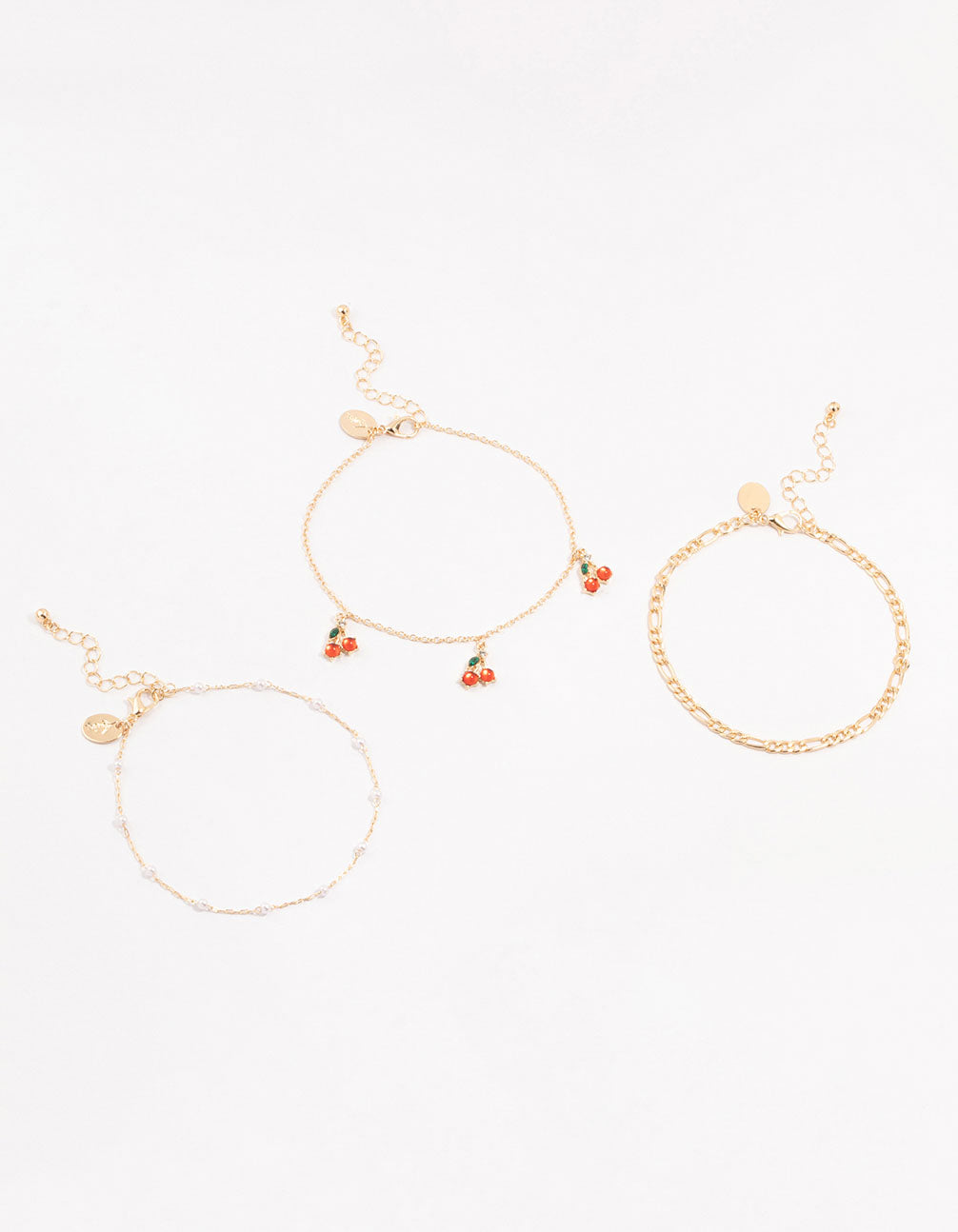 Gold Pearl & Cherry Anklets 3-Pack