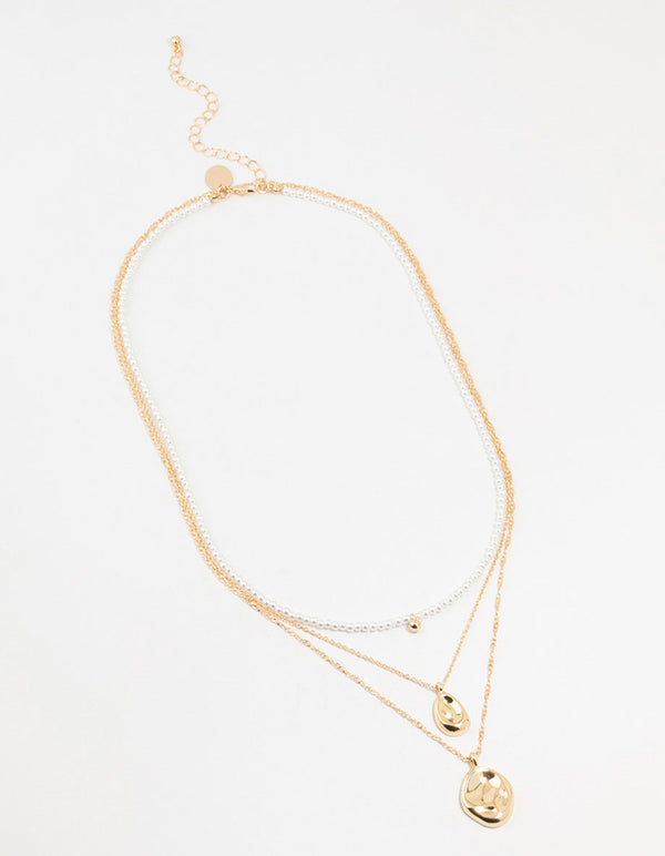 Gold Multiple Coin & Pearl 3 Layered Necklace