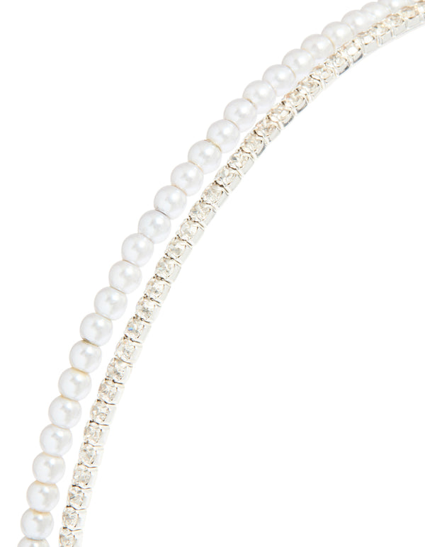 Silver Plated Double Layered Pearl & Crystal Headband
