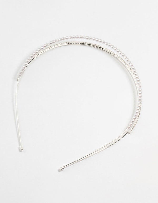Silver Plated Double Layered Pearl & Crystal Headband