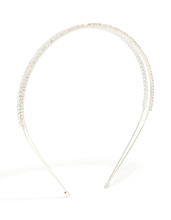 Silver Plated Double Layered Pearl & Crystal Headband