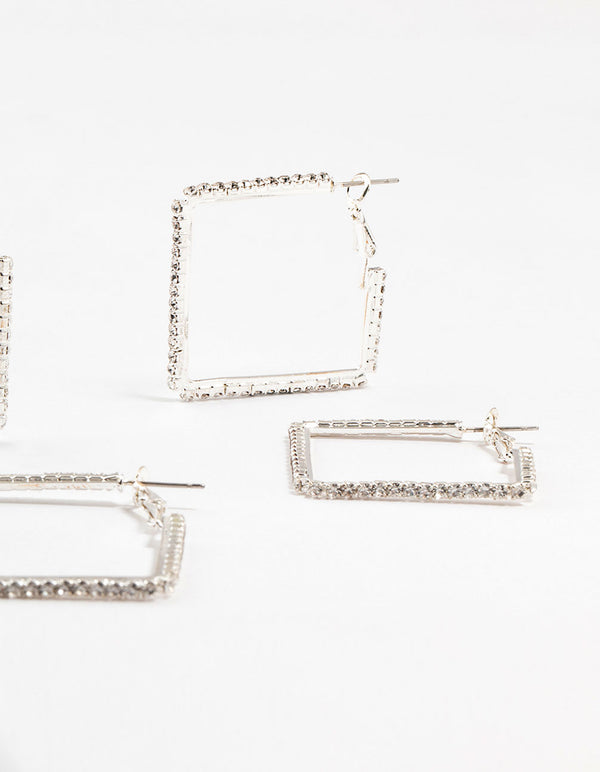 Silver Diamante Square Hoop Earrings 3-Pack