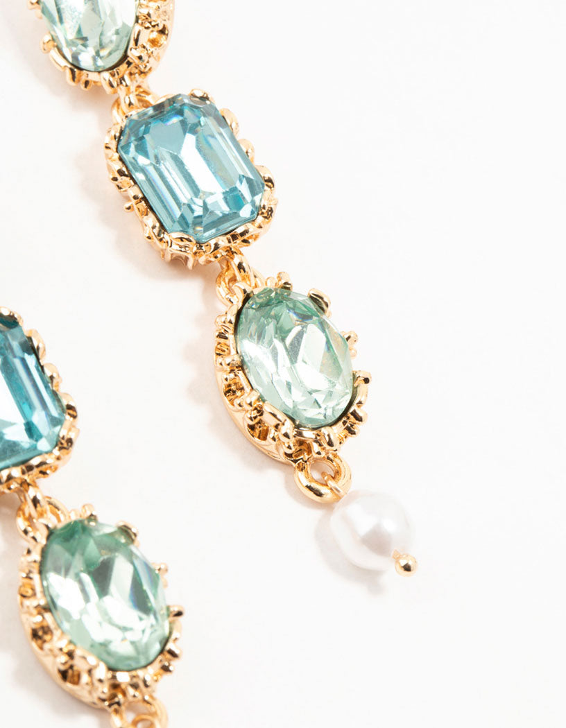 Gold & Aqua Mixed Shape Diamante Drop Earrings