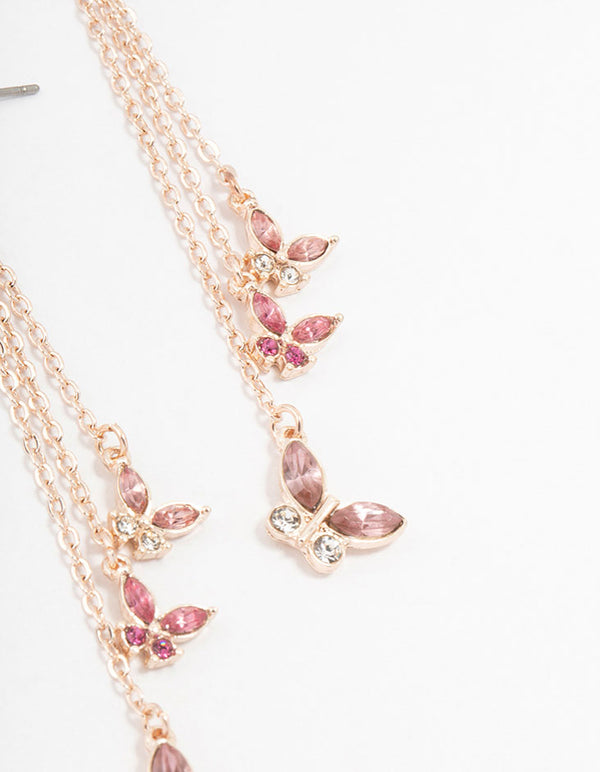 Rose Gold Pink Butterfly Diamante Drop Earrings
